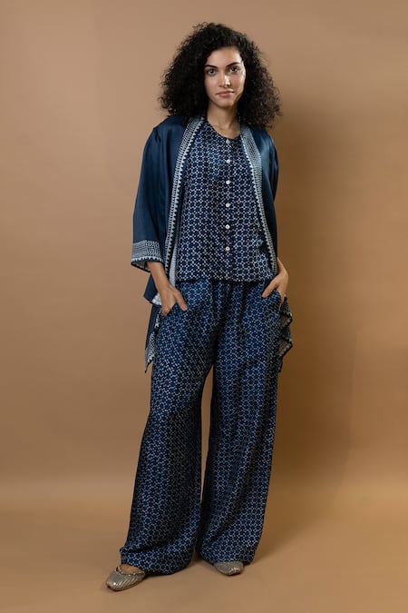 Krishna Mehta Blue Indigo Block-printed Jacket 