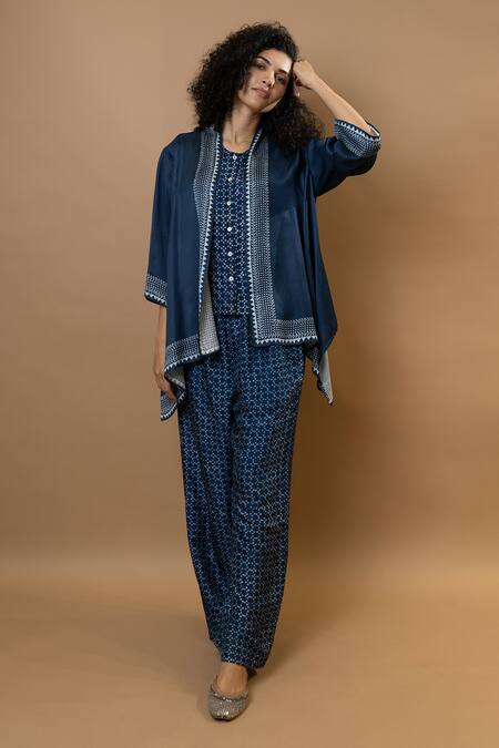 Buy_Krishna Mehta_Blue Modal Open Neck Indigo Block-printed Jacket _Online_at_Aza_Fashions