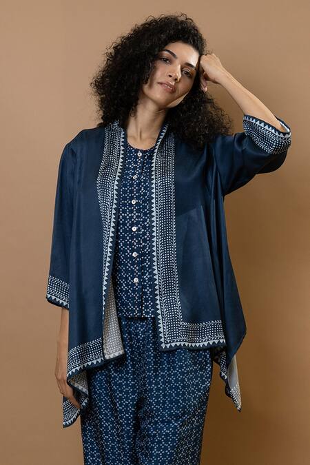 Shop_Krishna Mehta_Blue Modal Open Neck Indigo Block-printed Jacket _Online_at_Aza_Fashions