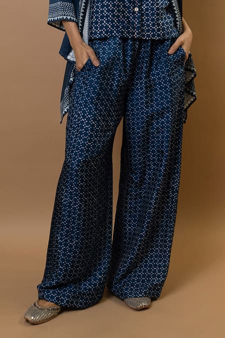 Krishna Mehta_Blue Modal Open Neck Indigo Block-printed Jacket _at_Aza_Fashions