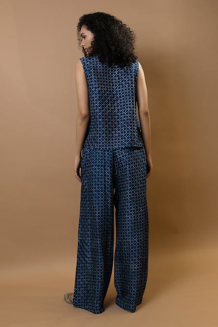 Shop_Krishna Mehta_Blue Modal Round Neck Indigo Block-printed Pant Set _at_Aza_Fashions