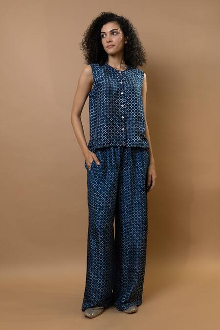 Krishna Mehta_Blue Modal Round Neck Indigo Block-printed Pant Set _Online_at_Aza_Fashions