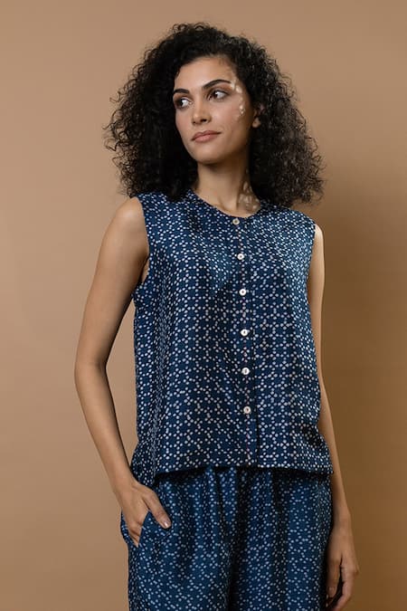 Buy_Krishna Mehta_Blue Modal Round Neck Indigo Block-printed Pant Set _Online_at_Aza_Fashions