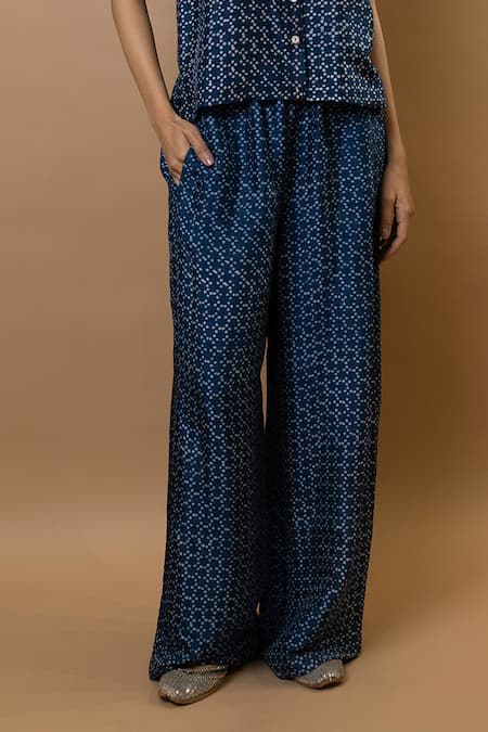 Shop_Krishna Mehta_Blue Modal Round Neck Indigo Block-printed Pant Set _Online_at_Aza_Fashions