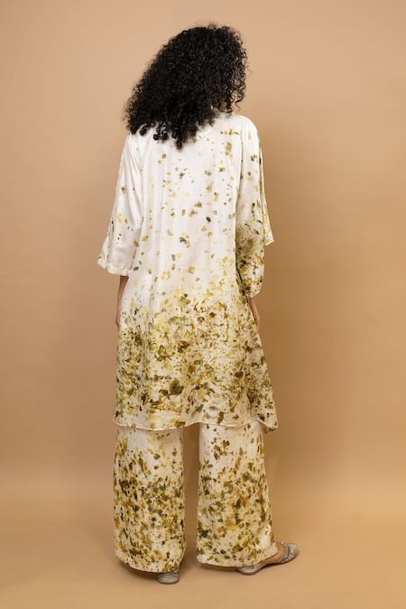 Shop_Krishna Mehta_Olive Green Silk One Shoulder Printed Tunic And Trouser Set _at_Aza_Fashions