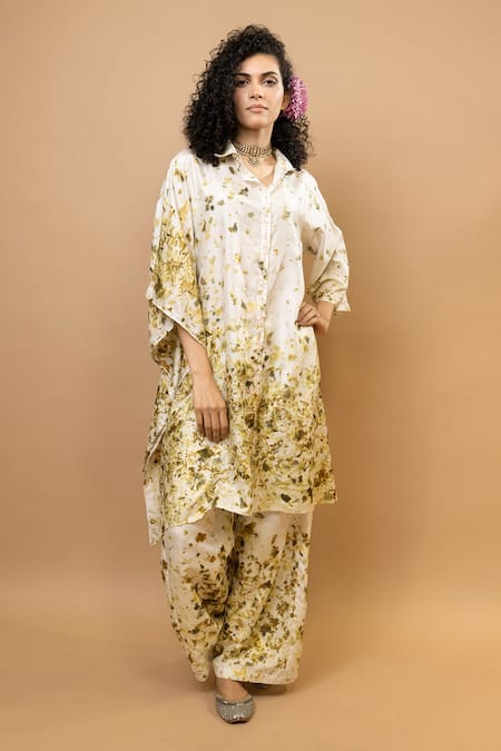 Krishna Mehta_Olive Green Silk One Shoulder Printed Tunic And Trouser Set _Online_at_Aza_Fashions