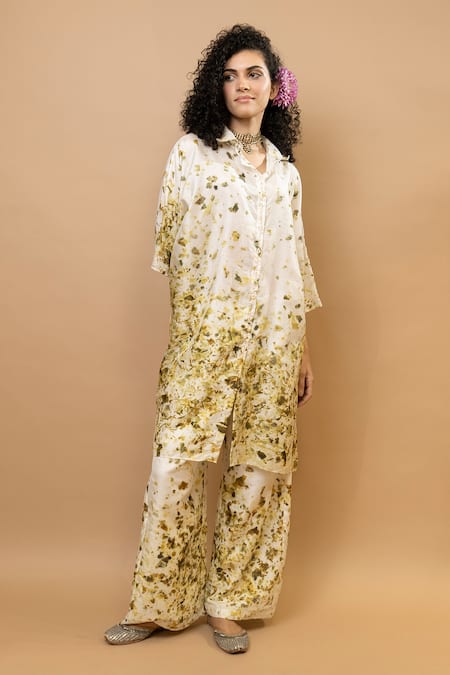 Buy_Krishna Mehta_Olive Green Silk One Shoulder Printed Tunic And Trouser Set _Online_at_Aza_Fashions