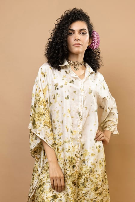 Shop_Krishna Mehta_Olive Green Silk One Shoulder Printed Tunic And Trouser Set _Online_at_Aza_Fashions