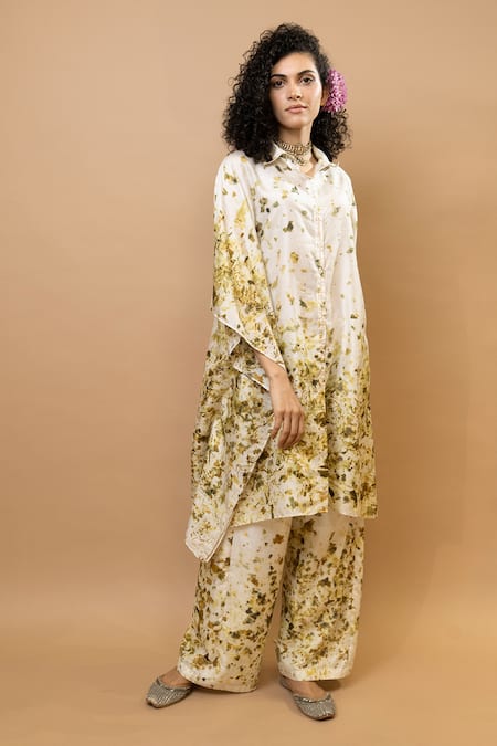 Krishna Mehta_Olive Green Silk One Shoulder Printed Tunic And Trouser Set _at_Aza_Fashions
