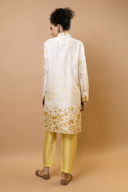Shop_Krishna Mehta_Yellow Silk Embroidery Collared Marigold Pressed Shirt Tunic _at_Aza_Fashions
