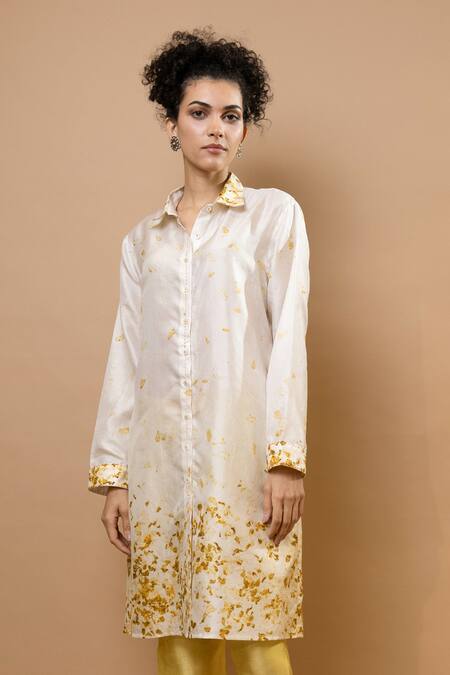Krishna Mehta_Yellow Silk Embroidery Collared Marigold Pressed Shirt Tunic _Online_at_Aza_Fashions