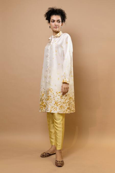 Buy_Krishna Mehta_Yellow Silk Embroidery Collared Marigold Pressed Shirt Tunic _Online_at_Aza_Fashions