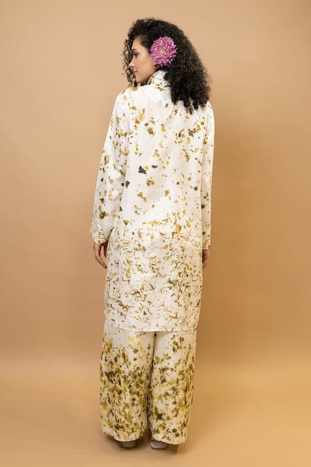 Shop_Krishna Mehta_Olive Green Silk Embroidery Collared Marigole Shirt Tunic _at_Aza_Fashions
