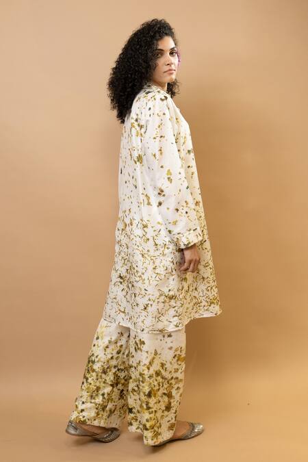 Krishna Mehta_Olive Green Silk Embroidery Collared Marigole Shirt Tunic _Online_at_Aza_Fashions