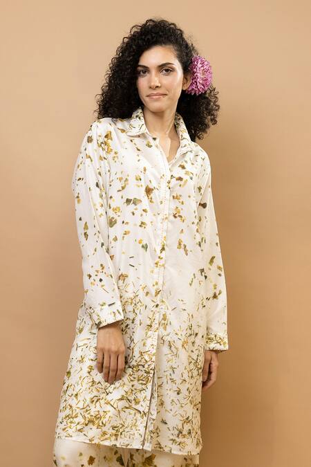 Buy_Krishna Mehta_Olive Green Silk Embroidery Collared Marigole Shirt Tunic _Online_at_Aza_Fashions