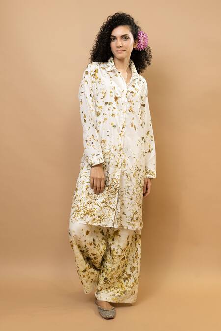 Shop_Krishna Mehta_Olive Green Silk Embroidery Collared Marigole Shirt Tunic _Online_at_Aza_Fashions