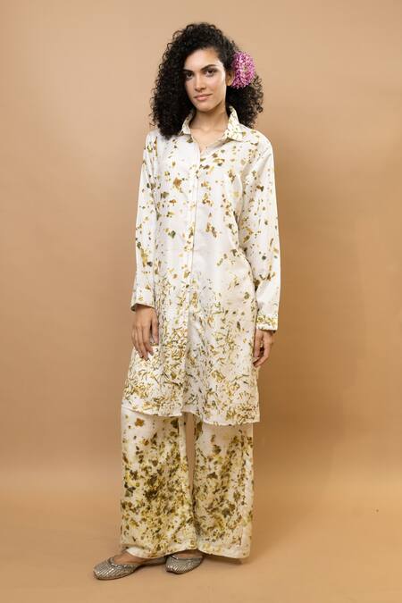 Krishna Mehta_Olive Green Silk Embroidery Collared Marigole Shirt Tunic _at_Aza_Fashions