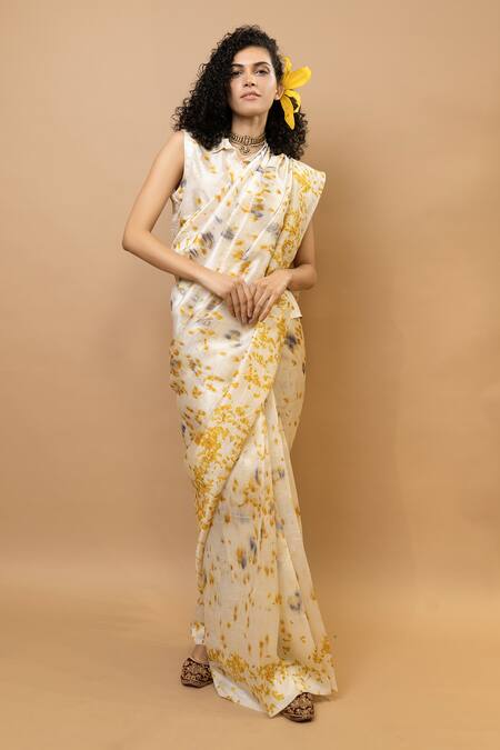 Krishna Mehta Yellow Silk Round Neck Marigold Printed Saree With Blouse Online at Aza Fashions Krishna Mehta_Yellow Silk Round Neck Marigold Printed Saree With Blouse _Online_at_Aza_Fashions