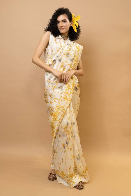 Shop Krishna Mehta Yellow Silk Round Neck Marigold Printed Saree With Blouse Online at Aza Fashions Shop_Krishna Mehta_Yellow Silk Round Neck Marigold Printed Saree With Blouse _Online_at_Aza_Fashions