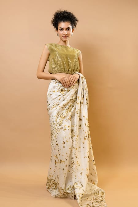 Krishna Mehta_Beige Silk Round Neck Natural Colors Printed Saree And Blouse Set _Online_at_Aza_Fashions