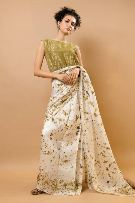 Buy_Krishna Mehta_Beige Silk Round Neck Natural Colors Printed Saree And Blouse Set _Online_at_Aza_Fashions