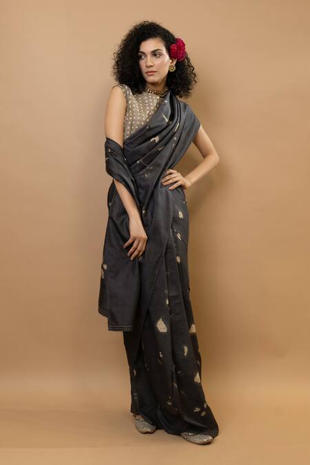 Shop_Krishna Mehta_Black Silk Embroidery Round Neck Neelkanth Leaves Printed Saree Set _Online_at_Aza_Fashions