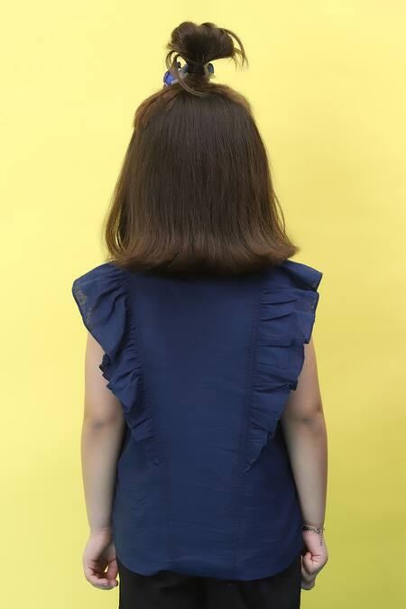 Shop_Samyukta Singhania_Blue Cotton Chambray Collared Top With Frills_at_Aza_Fashions