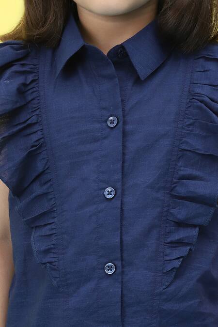 Buy_Samyukta Singhania_Blue Cotton Chambray Collared Top With Frills_Online_at_Aza_Fashions