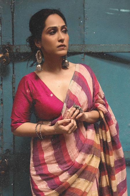 Shop Dressfolk Multi Color Linen Striped Gaze Saree With Running Blouse Online at Aza Fashions Shop_Dressfolk_Multi Color Linen Striped Gaze Saree With Running Blouse_Online_at_Aza_Fashions