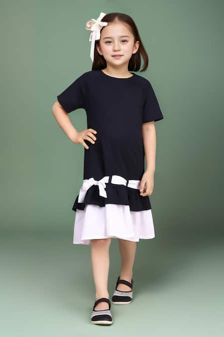 Petite Pomme Black Cotton Dress With White Hem