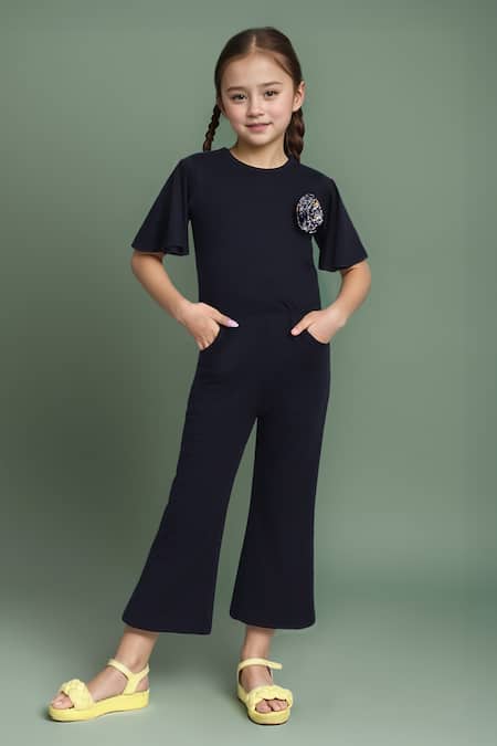 Petite Pomme Flared Sleeve Jumpsuit With Flower Detail 