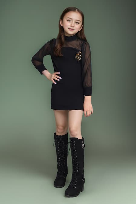 Petite Pomme Black Viscose Sheer Sleeve Short Dress 