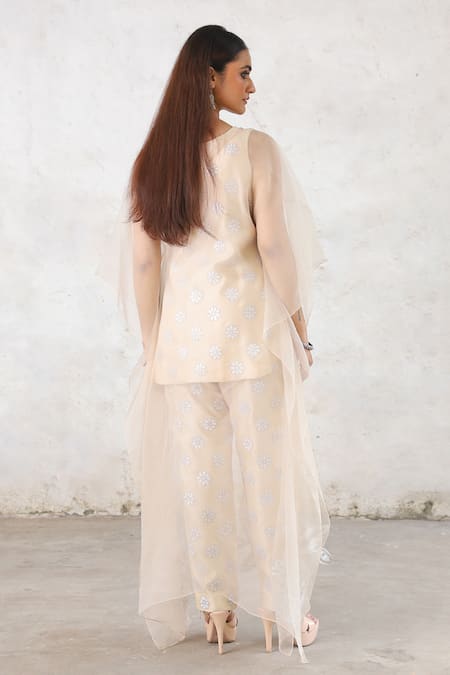 Saksham & Neharicka_Beige Embroidery, Applique V-neck Floral Co-ord Set With Cape _Online_at_Aza_Fashions