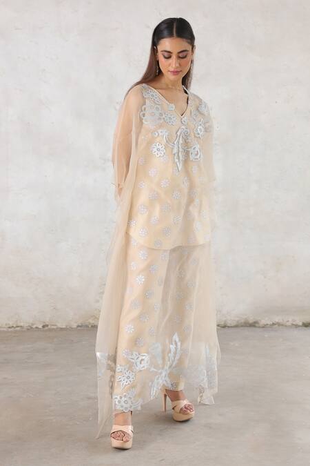 Shop_Saksham & Neharicka_Beige Embroidery, Applique V-neck Floral Co-ord Set With Cape _Online_at_Aza_Fashions