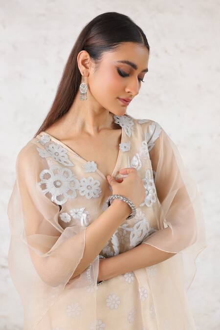 Shop_Saksham & Neharicka_Beige Embroidery, Applique V-neck Floral Co-ord Set With Cape 