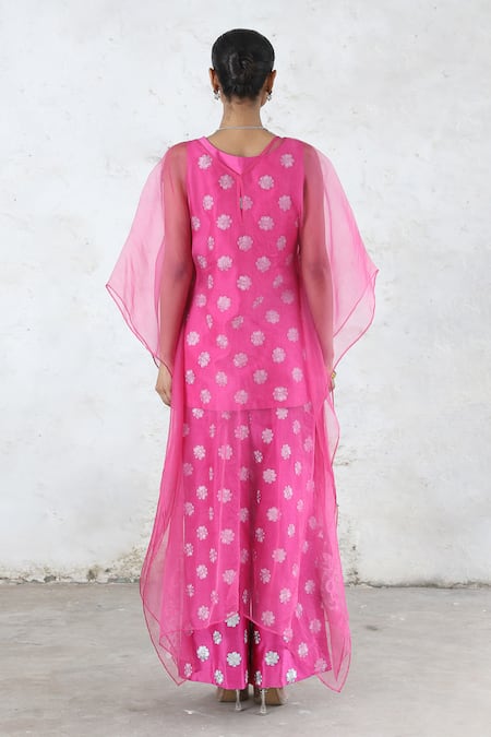 Saksham & Neharicka_Pink Embroidery V-neck Floral Motif Benarasi Co-ord Set _Online_at_Aza_Fashions