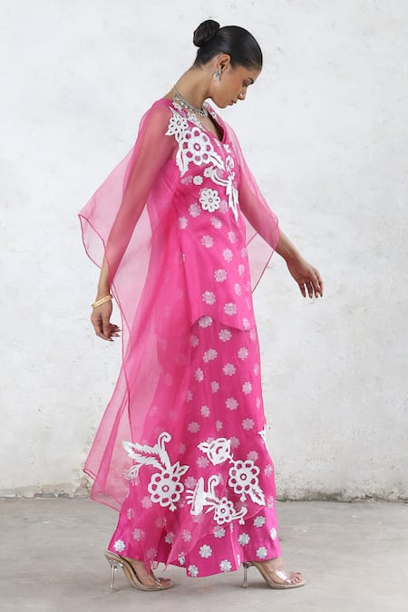 Shop_Saksham & Neharicka_Pink Embroidery V-neck Floral Motif Benarasi Co-ord Set _Online_at_Aza_Fashions