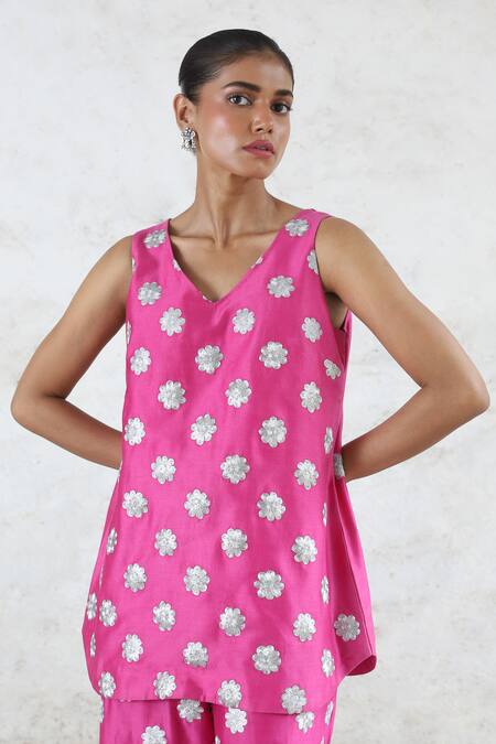 Shop_Saksham & Neharicka_Pink Cotton, Silk Embroidery V-neck Floral Co-ord Set _Online_at_Aza_Fashions