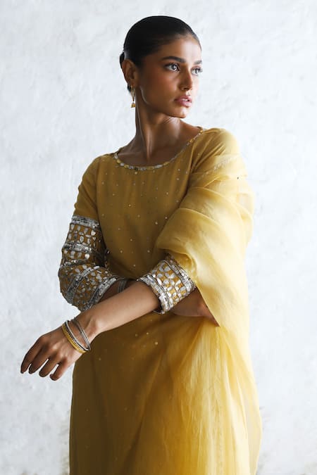 Buy Saksham & Neharicka Yellow Silk Organza Embroidery, Sequins, Tassels Round Neck A-line Kurta Set Online at Aza Fashions Buy_Saksham & Neharicka_Yellow Silk Organza Embroidery, Sequins, Tassels Round Neck A-line Kurta Set _Online_at_Aza_Fashions