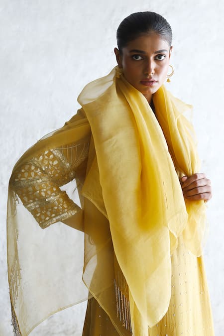 Shop Saksham & Neharicka Yellow Silk Organza Embroidery, Sequins, Tassels Round Neck A-line Kurta Set Online at Aza Fashions Shop_Saksham & Neharicka_Yellow Silk Organza Embroidery, Sequins, Tassels Round Neck A-line Kurta Set _Online_at_Aza_Fashions