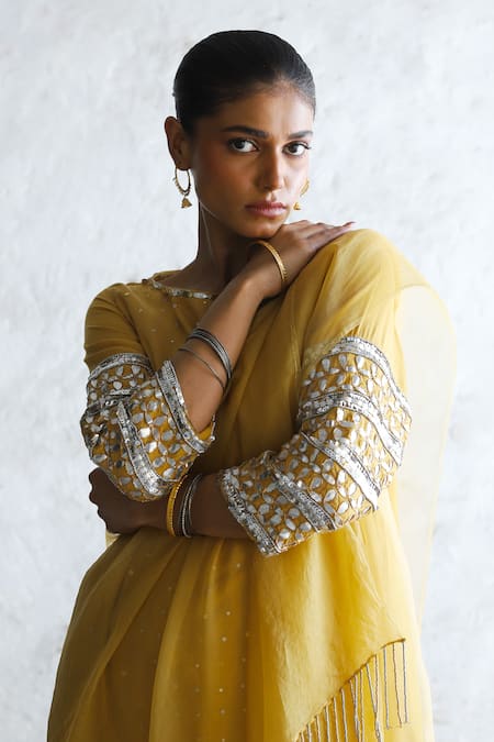 Saksham & Neharicka Yellow Silk Organza Embroidery, Sequins, Tassels Round Neck A-line Kurta Set at Aza Fashions Saksham & Neharicka_Yellow Silk Organza Embroidery, Sequins, Tassels Round Neck A-line Kurta Set _at_Aza_Fashions
