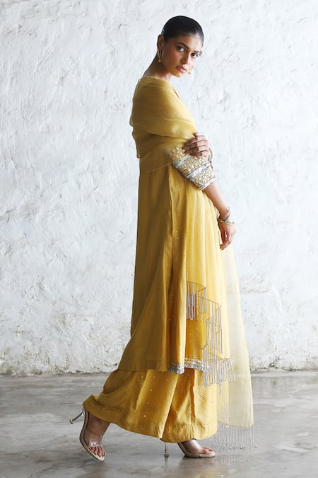 Buy Saksham & Neharicka Yellow Silk Organza Embroidery, Sequins, Tassels Round Neck A-line Kurta Set Buy_Saksham & Neharicka_Yellow Silk Organza Embroidery, Sequins, Tassels Round Neck A-line Kurta Set