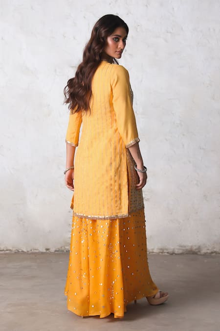 Saksham & Neharicka_Yellow Satin, Silk Organza Gota Patti, Sequins, Tassels Suryamukhi Kurta Set _Online_at_Aza_Fashions