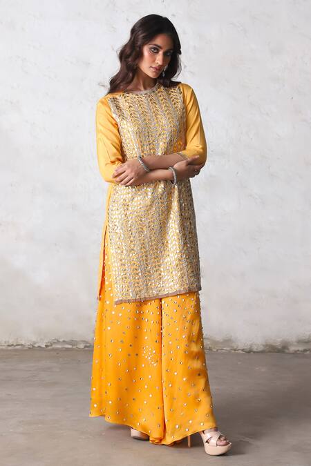 Buy_Saksham & Neharicka_Yellow Satin, Silk Organza Gota Patti, Sequins, Tassels Suryamukhi Kurta Set _Online_at_Aza_Fashions