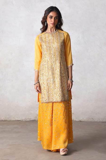 Shop_Saksham & Neharicka_Yellow Satin, Silk Organza Gota Patti, Sequins, Tassels Suryamukhi Kurta Set _Online_at_Aza_Fashions