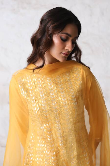 Saksham & Neharicka_Yellow Satin, Silk Organza Gota Patti, Sequins, Tassels Suryamukhi Kurta Set _at_Aza_Fashions