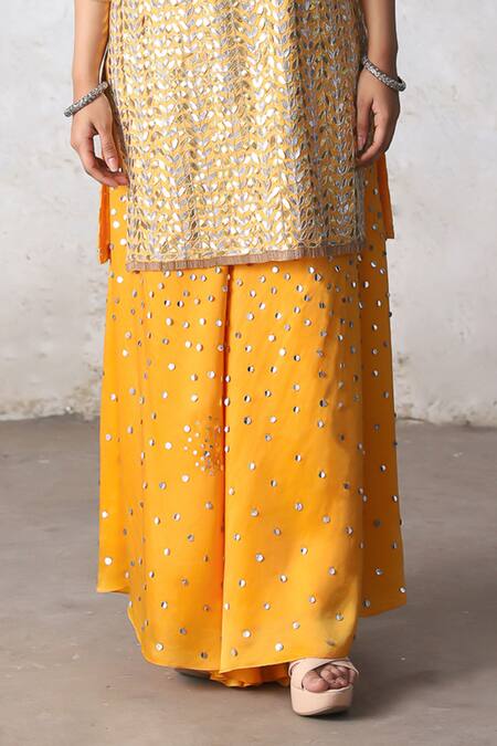 Buy_Saksham & Neharicka_Yellow Satin, Silk Organza Gota Patti, Sequins, Tassels Suryamukhi Kurta Set 