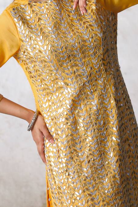 Shop_Saksham & Neharicka_Yellow Satin, Silk Organza Gota Patti, Sequins, Tassels Suryamukhi Kurta Set 