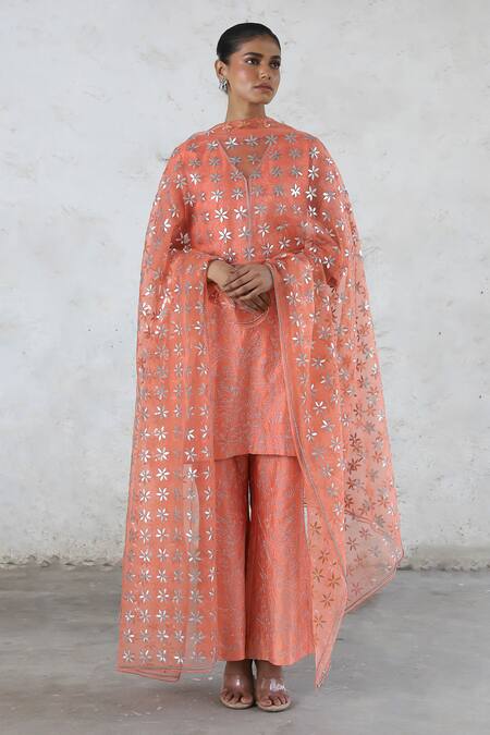 Buy_Saksham & Neharicka_Peach Chanderi Cotton, Silk Organza Embroidery, Gota Patti Hand Kurta Set _Online_at_Aza_Fashions