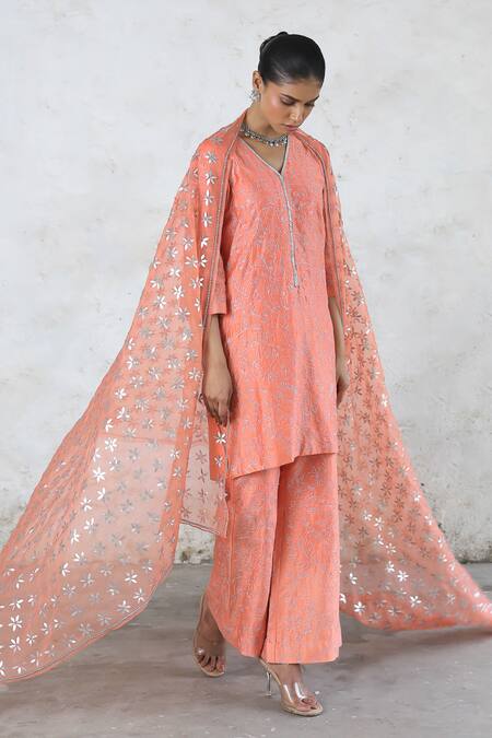 Shop_Saksham & Neharicka_Peach Chanderi Cotton, Silk Organza Embroidery, Gota Patti Hand Kurta Set _Online_at_Aza_Fashions